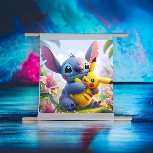 Parchemin Canvas coton - Stitch et Pikachu